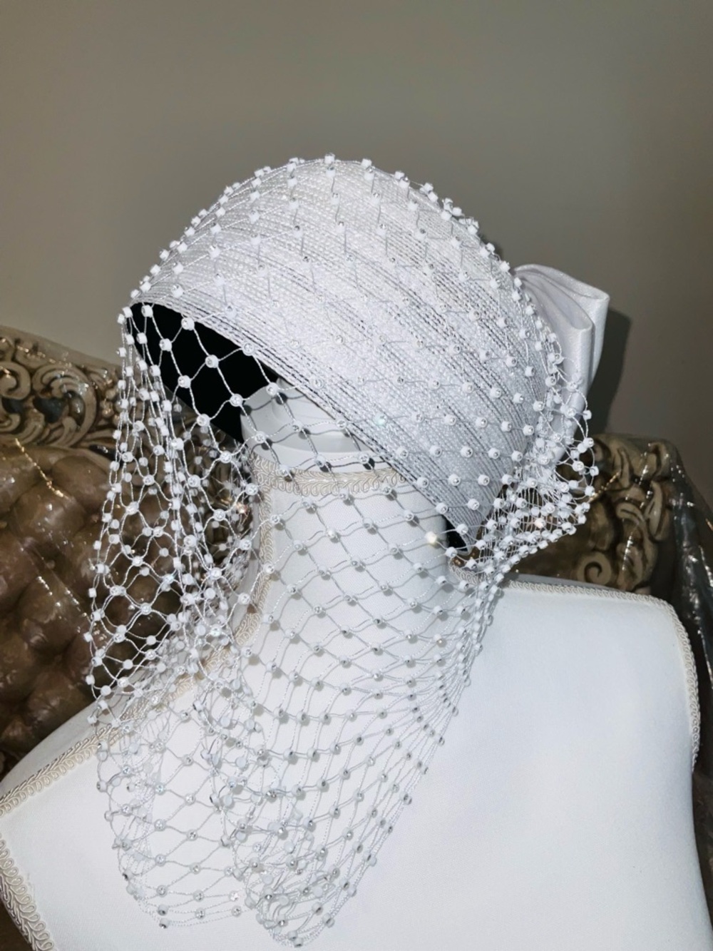 White Beaded Birdcage Veil Fascinator Headpiece